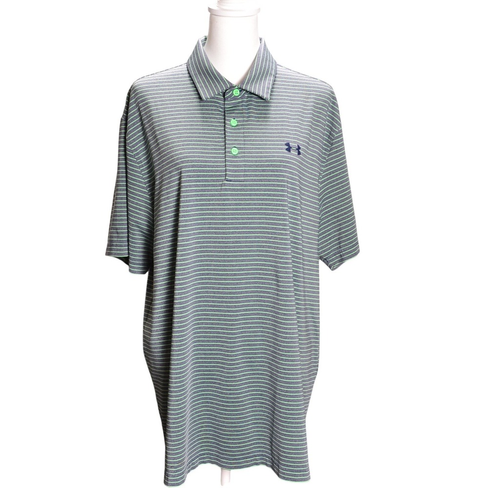 Under Armour HeatGear Gray Green Striped Polo Shirt Men's XL Loose Fit Golf